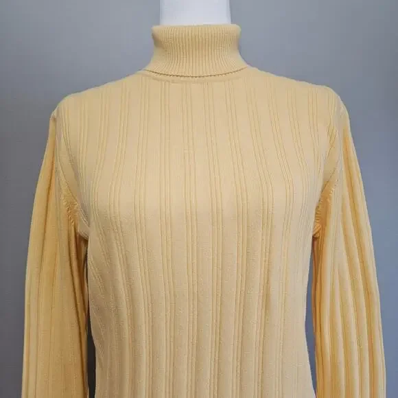 Vtg Talbots Petites Sweater Size Medium Butter Yellow Turtleneck Ribbed Knit Y2K - Picture 2 of 5